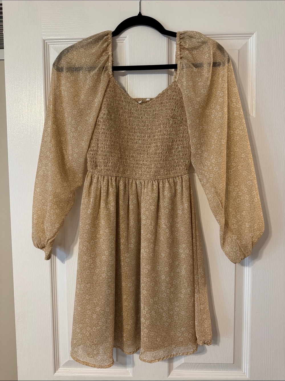 Girls' Smocked Bodice Long Sleeve Dress in Light Tan